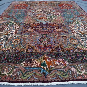 Large Pictorial Rug 10x13 ft - Vintage Home Décor Rug - Handmade Hunting Antelope Lion Goat Pattern Rug - Afghan Pictorial Rug - Bedroom Rug