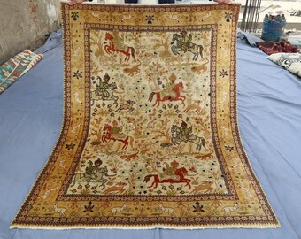 Samlarobjekt 12,7 x 1,5 m bildmatta med tigermotiv / Handgjord djurmatta i ull / Handknuten turkmensk ullmatta / Unik matta / Sovrumsmatta
