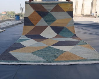 Vintage Colorful Kilim Area Rug 3'9x6'5 ft Afghan Hand Woven Wool Rug, Geometric Kilim Rug, Turkmen Tribal Rug, Living Room Rug, Bedroom Rug