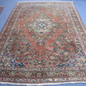 1980s Antique 6&#39;9x10 ft Afghan Bokhara Mori Area Rug, Terracotta Low Pile Wool Handmade Vintage faded Rug, Turkmen Oriental Rug, Bedroom Rug