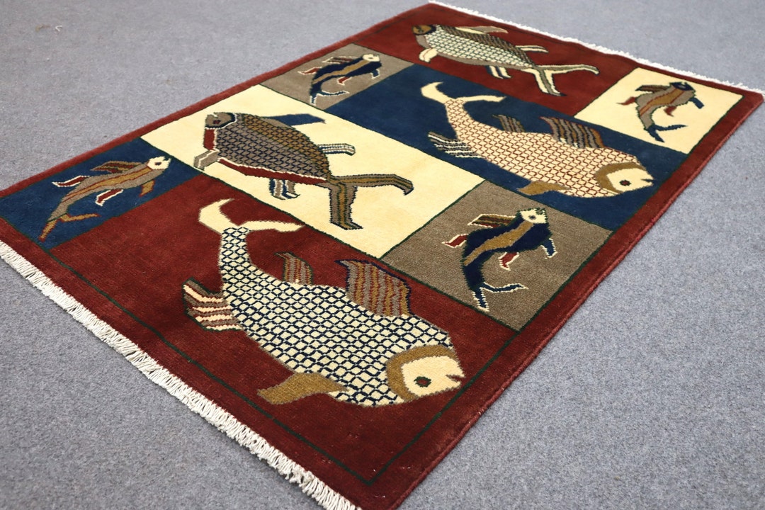 2.10x4.1 Ft Fish Gabbeh Rug 90x125 Cm Hand Knotted Etsy