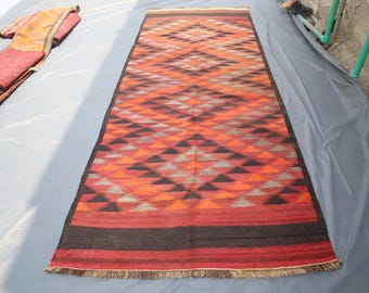 Vintage Kilim Area Rug, 4'7x12'4 ft Afghan Handmade Woolen Rug/ Turkoman Geometric Flatweave Rug/ Red Afghan Heritage Kilim Rug/ Bedroom Rug