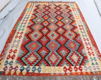 6x9 Ft Turkmen Geometric Chobi Kilim, Afghan Handmade Wool Area Rug, Traditional Afghan Kilim, Handmade Rug 6x9, Entry Way Carpet, Bedroom