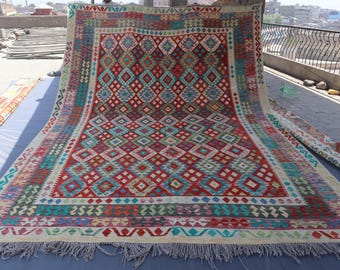 Large Area Rug 9'8x13'5 ft Afghan Handmade Kilim Wool Rug, Geometric Flatweave Kilim Rug, Multicolor Natural veg dyes Rug Bedroom Office Rug
