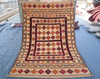 4x7 Ft Vintage Sumak Kilim, Afghan Kilim Area Rug, Maliki Kilim rug, Oriental Turkmen Hand Knotted Wool rug, Caucasian Kilim Rug Bedroom Rug