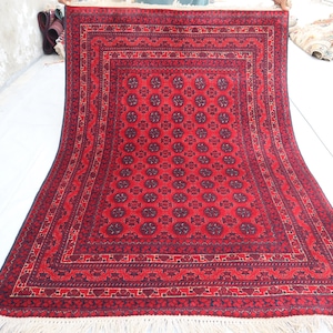 3&#39;5x5 Ft Modern Turkmen Tegap Design Bokhara Rug, Handmade Wool Red Area Rug, Oriental Afghan Rug, Traditional Rug-Bedroom Rug, Tribal Rug