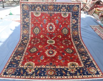 6x8 ft Afghan Geometric Kazak Rug- Handmade Natural Wool Navy Blue Rug- Oriental Area Rug- Living Room Rug- Bedroom Carpet- Office Area Rug