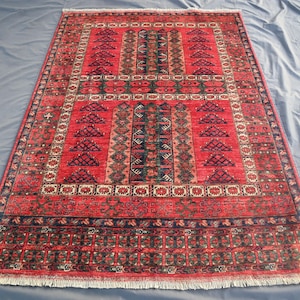 Vintage Area Rug, 5x7 Ft, Rusty Red Orange Geometrical Afghan Hand Knotted Wool Rug, Turkmen Handmade Area Rug, Afghan Parda Rug, Office Rug