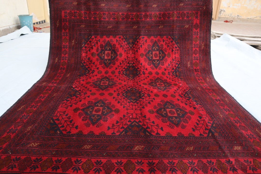 6x7 Rug 5x6'6 Ft Red Bokhara Rug, Tribal Afghan Turkoman Area Rug, Geometric ...