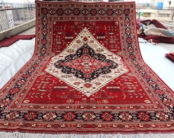 8x12 ft Large Afghan Handmade Wool Area Rug, Red Turkish heris rug, 250x360 cm Hand-Knotted Wool Area Rug, Oriental turkish rug, Bedroom Rug