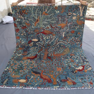 Animal Pictorial Rug 5x6&#39;5 ft Afghan Oriental Modern Rug, Hand Knotted Wool Rug, Vegetable Dyes Rug, Lion Design Art Rug, Farmhouse Carpet
