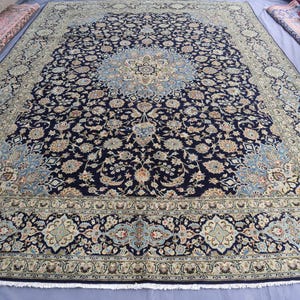10x14 Dark Blue Floral Luxury  Rug, Afghan Hand Knotted Vege Dyes Wool Area Rug, Turkish Medallion Rug, Tribal Caucasian Rug, Oriental Rug