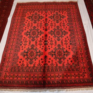 6.5 x 4.11 Ft, Red Merinus Afghan area rug, Turkmen handmade wool rug, 7x5 Afghan Hand Knotted Rug, Nomadic Tribal Bukhara Rug, Bedroom Rug
