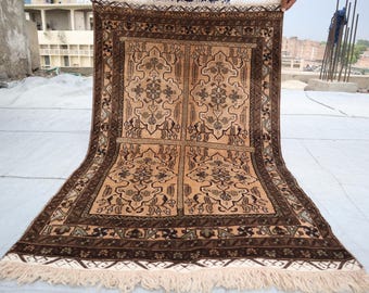 1940s Antique Rug 3x5 Afghan Geometric Baluchi Rug, Turkmen Handmade Wool Tribal faded Rug, Oriental Brown Rug, Bedroom Rug, Living Room Rug