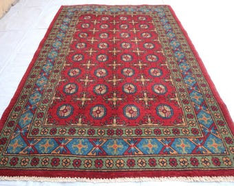 Bokhara Turkmen rug | 4x6 ft Afghan Area rug | Oriental Turkmen Handmade rug | Turkish Red Blue Pistachio Green Rug | Farmhouse Decor Carpet