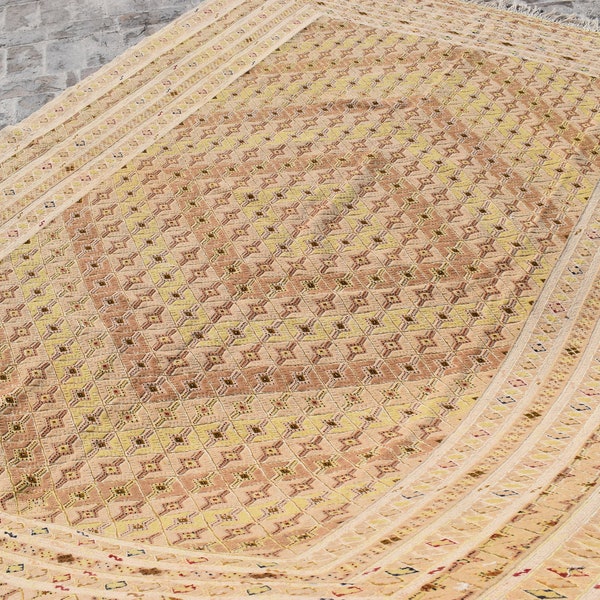 9'4 x 6'9 Ft Beige Mushwani Barjasta Handwoven Kilim Rug, Oriental Turkmen Tribal Barjasta Vintage Wool Rug, Tufted Rug For Living Room Rug