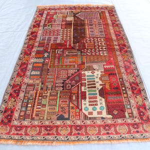 4x7 ft Art Pictorial Rug, Red Afghan Handmade Wool Rug, Turkmen Baluchi Tribal Rug, City Home Decor Rug, Wall hanging, Kitchen Bedroom Rug
