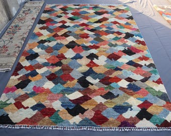 Checkered Area Rug 6'7x9'7 ft - Afghan Hand Knotted Wool Area Rug - Tribal Turkmen Rug - Colorful Area Rug - Rugs For Bedroom, Living Rooms