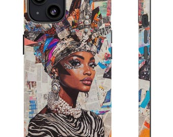 Funda para iPhone con diseño afrocéntrico llamativo / Funda rígida con collage de arte afro / Funda con ilustraciones de técnica mixta para iPhone 13, 14, 15, 16 Pro Plus Max /