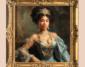 May include: A portrait of a woman wearing a blue and gold gown with a crown and jewelry. The portrait is framed in a gold frame.
