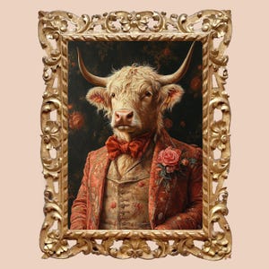 Fashion Animal Highland Bull Portrait Digital Artwork | Quirky Victorian Wall Decor for Animal Lovers & Home Styling
