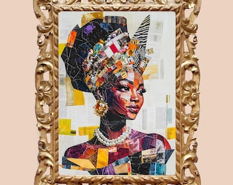 May include: A colorful portrait of a woman with a headpiece made of magazine clippings. The woman is wearing a pearl necklace and has a magazine collage background.