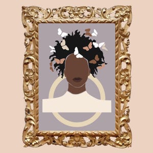 Minimalist Digital Art Print of Woman with Butterflies in Hair | Afro-Inspired Portrait | Modern Wall Art for Living Room Office Decor |