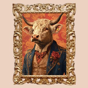Fashion Animal Highland Bull Portrait Digital Artwork | Quirky Victorian Wall Decor for Animal Lovers & Home Styling | Instant Download |