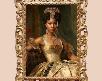 May include: A portrait painting of a woman wearing a gold crown and a gold necklace. She is wearing a white and gold dress with a black sash. The painting is framed in a gold ornate frame.