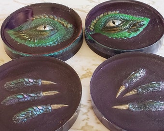 Dragon Eye and Claw Coasters - Set of 4 - Green Eye with Dark Purple Background - Resin Coaster