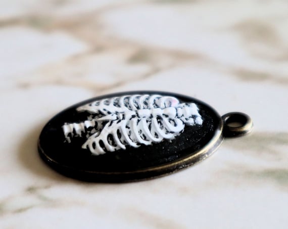 Cameo with Skeleton Ribs - Necklace - Black and White with metal backing - Halloween