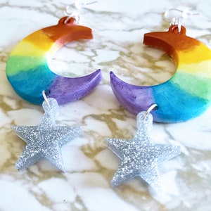 Pride Rainbow Crescent Moon & Stars Drop Earrings Earrings Made of Resin image 5