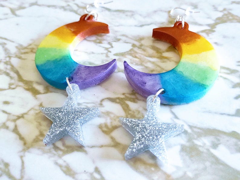 Pride Rainbow Crescent Moon & Stars Drop Earrings Earrings Made of Resin image 5