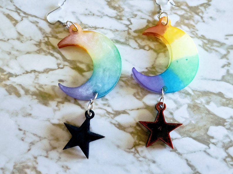 Pride Rainbow Crescent Moon & Stars Drop Earrings Earrings Made of Resin image 3