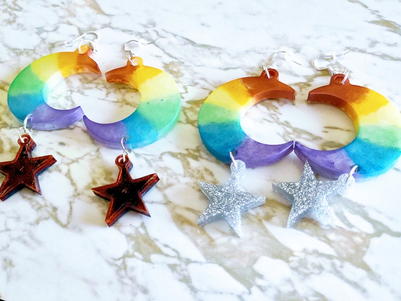 Pride Rainbow Crescent Moon & Stars Drop Earrings Earrings Made of Resin image 1