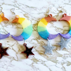 Pride Rainbow Crescent Moon & Stars Drop Earrings Earrings Made of Resin image 7