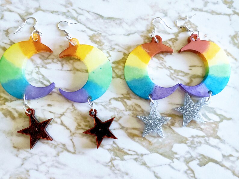 Pride Rainbow Crescent Moon & Stars Drop Earrings Earrings Made of Resin image 7