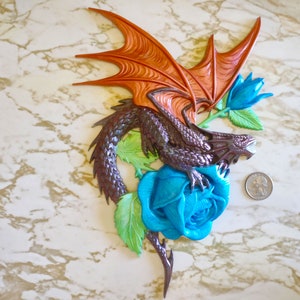 Dragon on Rose Decoration 3D Wall Decor Made in Resin Bronze w/Blue Rose