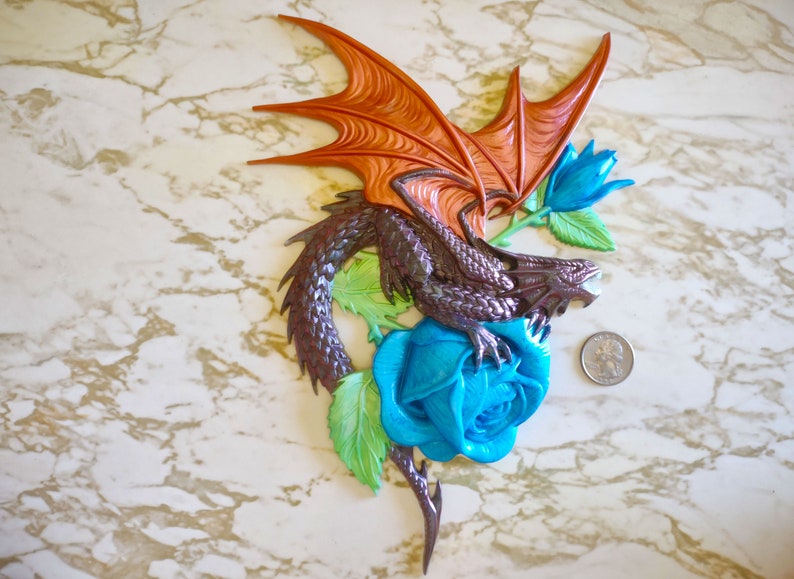 Dragon on Rose Decoration 3D Wall Decor Made in Resin Bronze w/Blue Rose