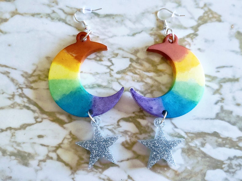 Pride Rainbow Crescent Moon & Stars Drop Earrings Earrings Made of Resin image 4