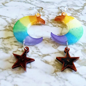 Pride Rainbow Crescent Moon & Stars Drop Earrings Earrings Made of Resin image 2