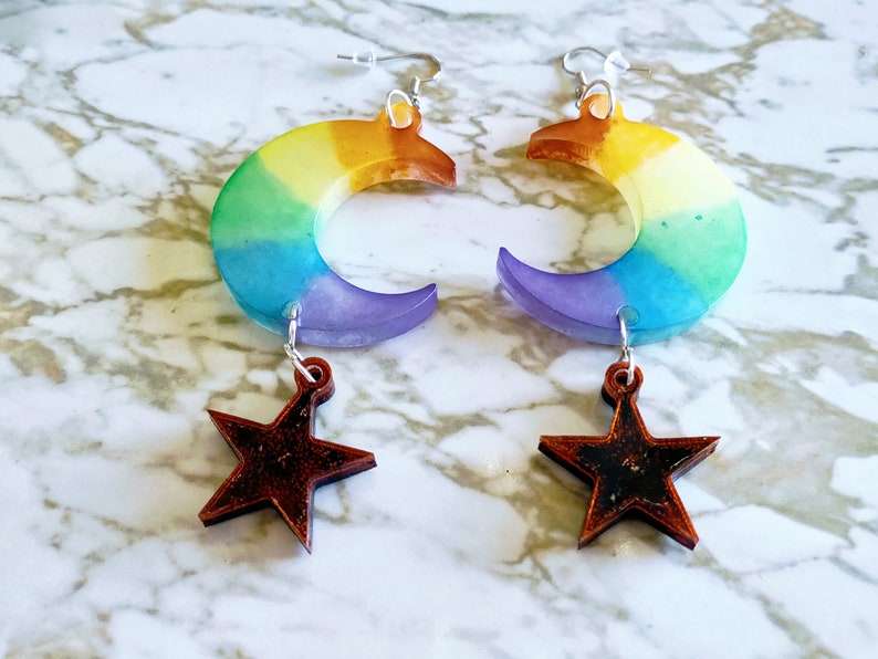 Pride Rainbow Crescent Moon & Stars Drop Earrings Earrings Made of Resin image 2