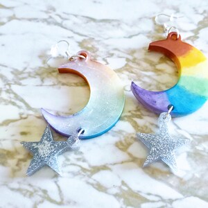 Pride Rainbow Crescent Moon & Stars Drop Earrings Earrings Made of Resin image 6