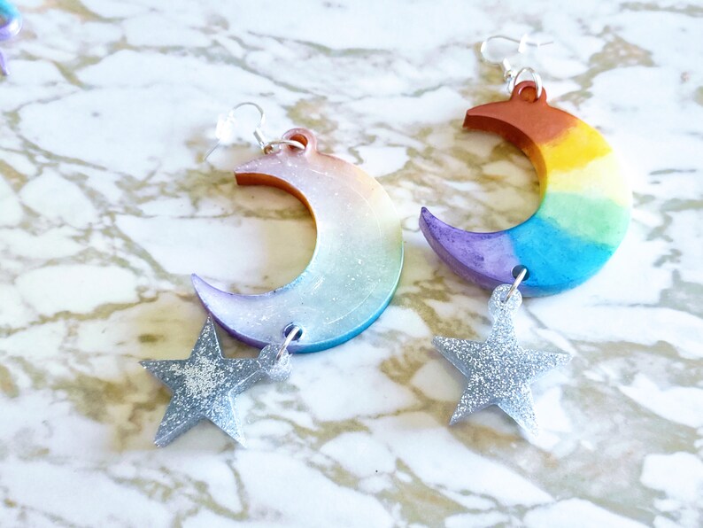 Pride Rainbow Crescent Moon & Stars Drop Earrings Earrings Made of Resin image 6