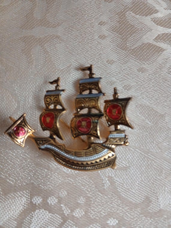 Vintage Spanish Damascene Ship Brooch