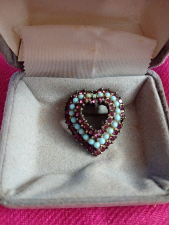 Vintage Amethyst & Faux Turquoise Heart Brooch