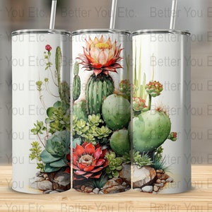 Cactos exóticos Flores do deserto 20 onças Skinny Tumbler Wrap Design de sublimação Download digital PNG Tumbler Wrap