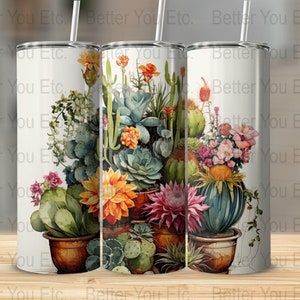 Cactos exóticos Flores do deserto 20 onças Skinny Tumbler Wrap Design de sublimação Download digital PNG Tumbler Wrap