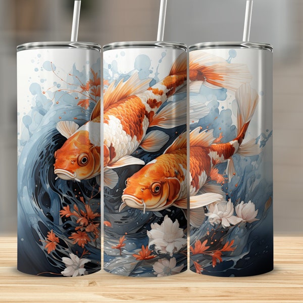 Koi Fish Watercolor Tumbler Wrap 20 Oz Ounce Skinny Tumbler Wrap Sublimation Design Digital Download PNG Tumbler Wrap