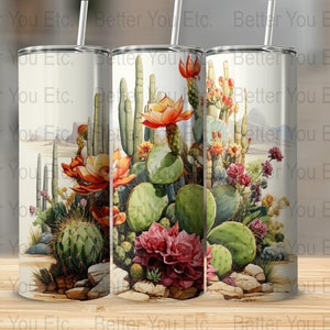 Cactos exóticos Flores do deserto 20 onças Skinny Tumbler Wrap Design de sublimação Download digital PNG Tumbler Wrap